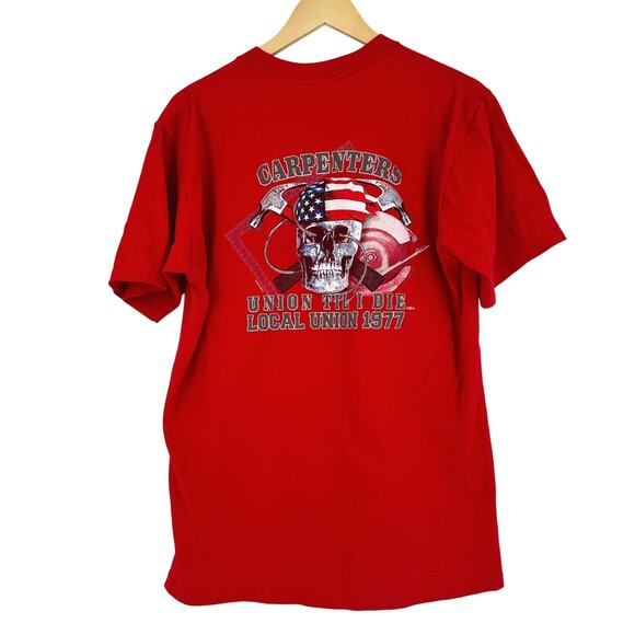 Vintage Carpenters Union Line T-Shirt Large Local 1977 USA Skull Double Sided - Picture 1 of 7